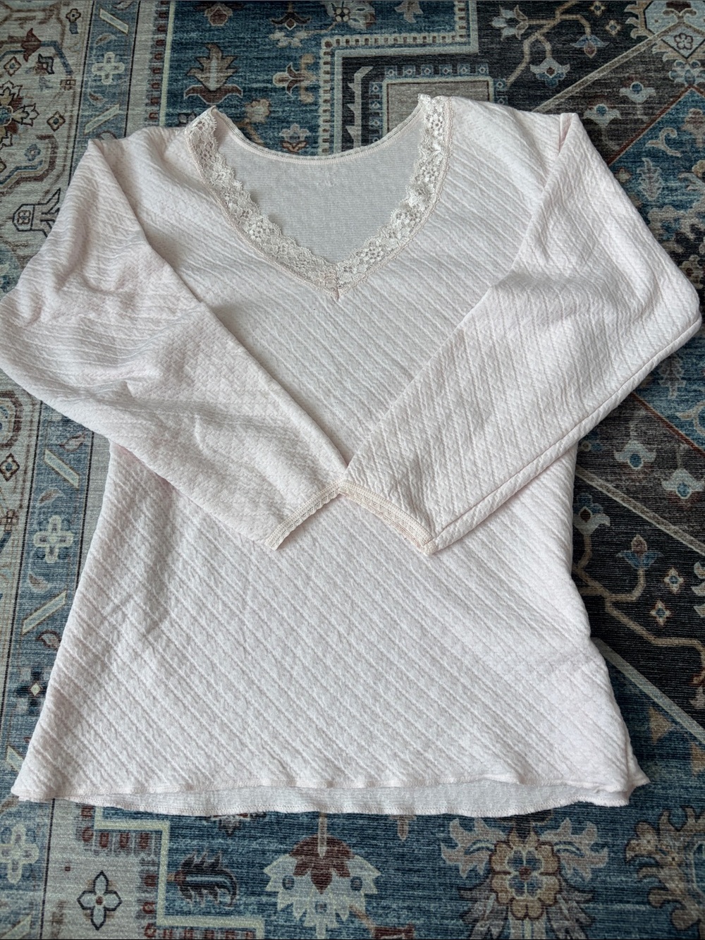 Pink Textured Long-Sleeve Top with Lace V-Neck